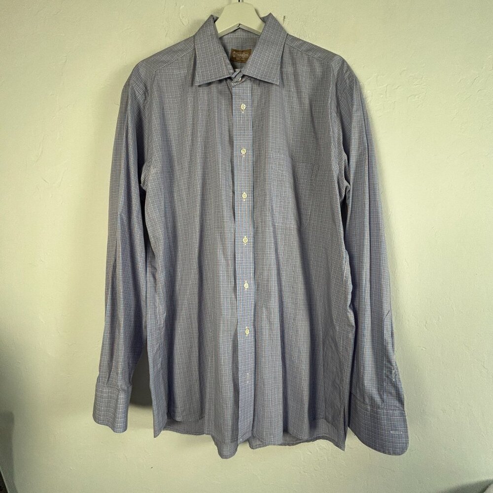 Gitman Bros Mens 17 35 Blue Plaid Long Sleeve Button-Up Dress Shirt 100% Cotton